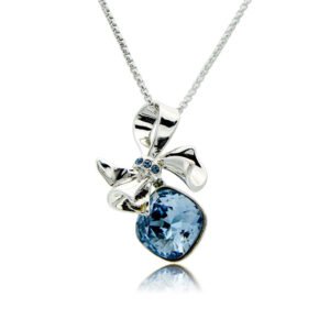 Silver smooth ribbon bow pendant necklace with accent stones and cushion-cut Swarovski Element crystal wholesale