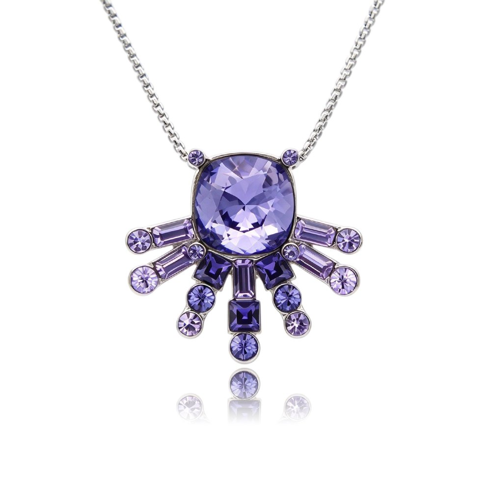 Silver Art Deco sunburst pendant necklace with radiating geometric stones and cushion-cut Swarovski Element crystal wholesale