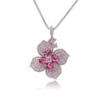 Silver four-petal flower pendant necklace with micro-pavé petals and Swarovski Element crystal center wholesale