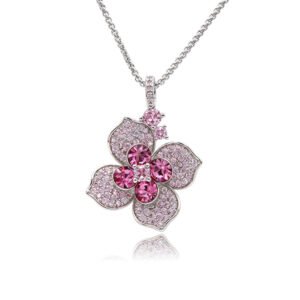 Silver four-petal flower pendant necklace with micro-pavé petals and Swarovski Element crystal center wholesale