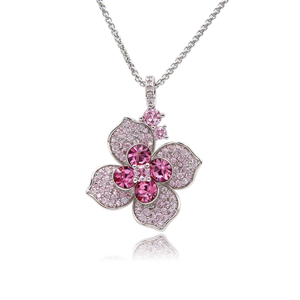 Silver four-petal flower pendant necklace with micro-pavé petals and Swarovski Element crystal center wholesale