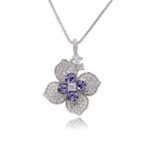 Silver four-petal flower pendant necklace with micro-pavé petals and Swarovski Element crystal center wholesale
