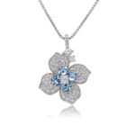 Silver four-petal flower pendant necklace with micro-pavé petals and Swarovski Element crystal center wholesale