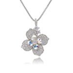 Silver four-petal flower pendant necklace with micro-pavé petals and Swarovski Element crystal center wholesale