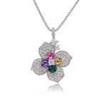 Silver four-petal flower pendant necklace with micro-pavé petals and Swarovski Element crystal center wholesale