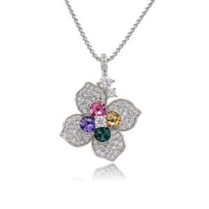 Silver four-petal flower pendant necklace with micro-pavé petals and Swarovski Element crystal center wholesale