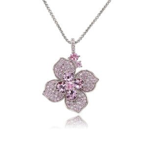 Silver four-petal flower pendant necklace with micro-pavé petals and Swarovski Element crystal center wholesale