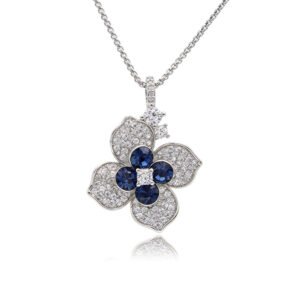 Silver four-petal flower pendant necklace with micro-pavé petals and Swarovski Element crystal center wholesale