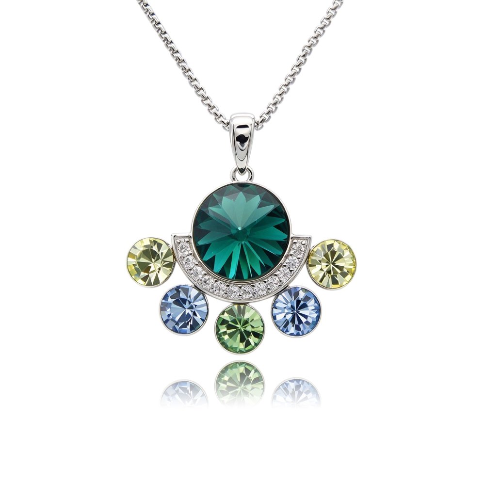 Silver fan pendant necklace with micro-pavé crescent frame and radiating round Swarovski Element crystals wholesale