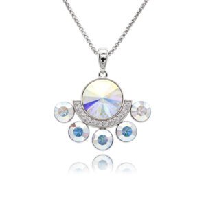 Silver fan pendant necklace with micro-pavé crescent frame and radiating round Swarovski Element crystals wholesale