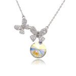 Silver double butterfly pendant necklace with micro-pavé wings and round Swarovski Element crystal wholesale