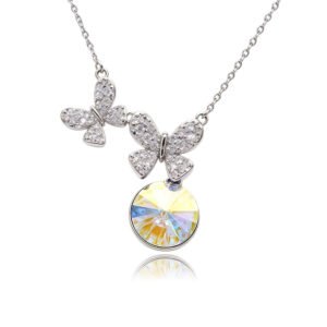 Silver double butterfly pendant necklace with micro-pavé wings and round Swarovski Element crystal wholesale