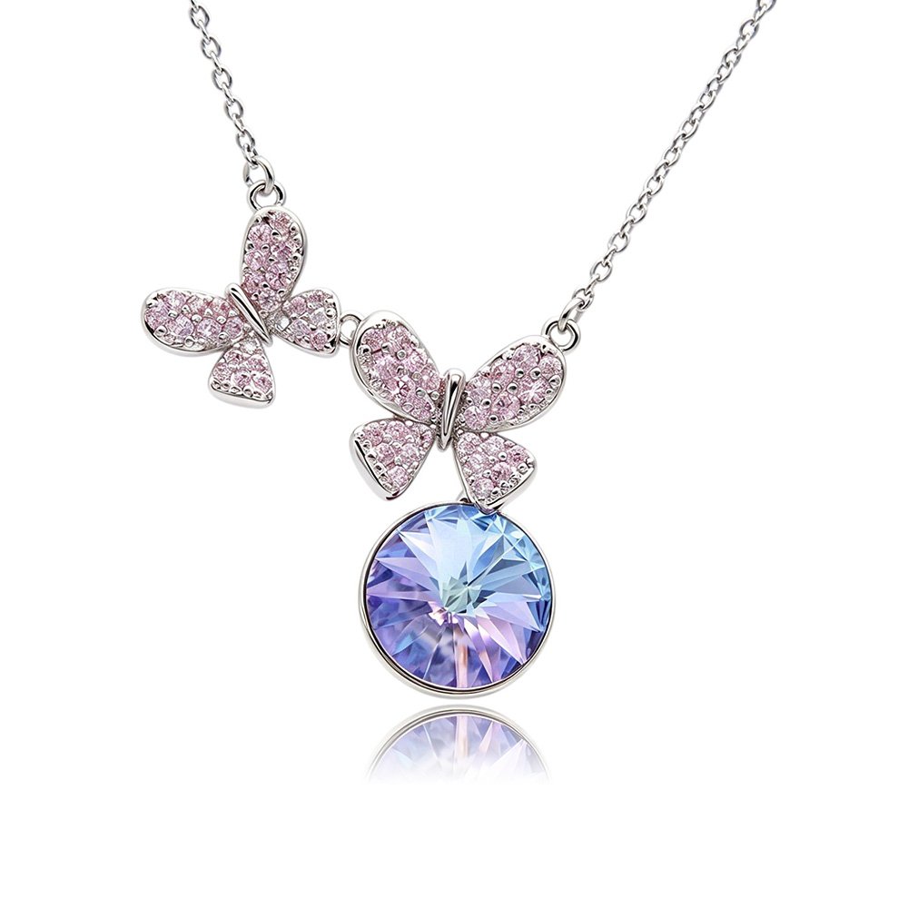 Silver double butterfly pendant necklace with micro-pavé wings and round Swarovski Element crystal wholesale