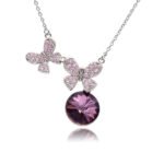Silver double butterfly pendant necklace with micro-pavé wings and round Swarovski Element crystal wholesale