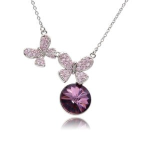 Silver double butterfly pendant necklace with micro-pavé wings and round Swarovski Element crystal wholesale