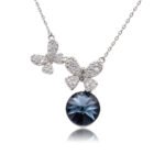 Silver double butterfly pendant necklace with micro-pavé wings and round Swarovski Element crystal wholesale