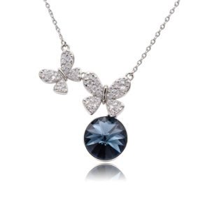 Silver double butterfly pendant necklace with micro-pavé wings and round Swarovski Element crystal wholesale