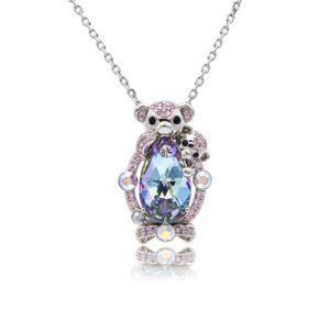 Silver mother and baby bear pendant necklace with micro-pavé accents holding teardrop Swarovski Element crystal wholesale