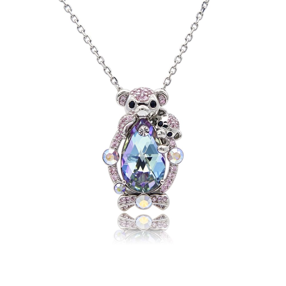 Silver mother and baby bear pendant necklace with micro-pavé accents holding teardrop Swarovski Element crystal wholesale
