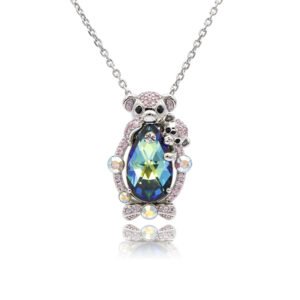 Silver mother and baby bear pendant necklace with micro-pavé accents holding teardrop Swarovski Element crystal wholesale
