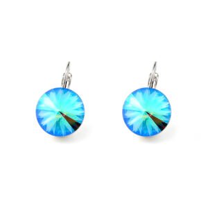 Wholesale teardrop crystal earrings with clear Swarovski elements and platinum plated copper from JuneJewelry.com – luxury bridal jewelry for bulk orders.