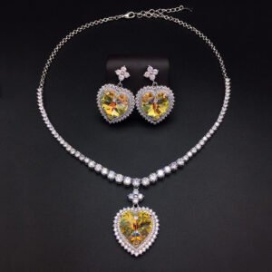 Silver tennis necklace and drop earrings set with heart cut Swarovski Element crystals and pave halo wholesale