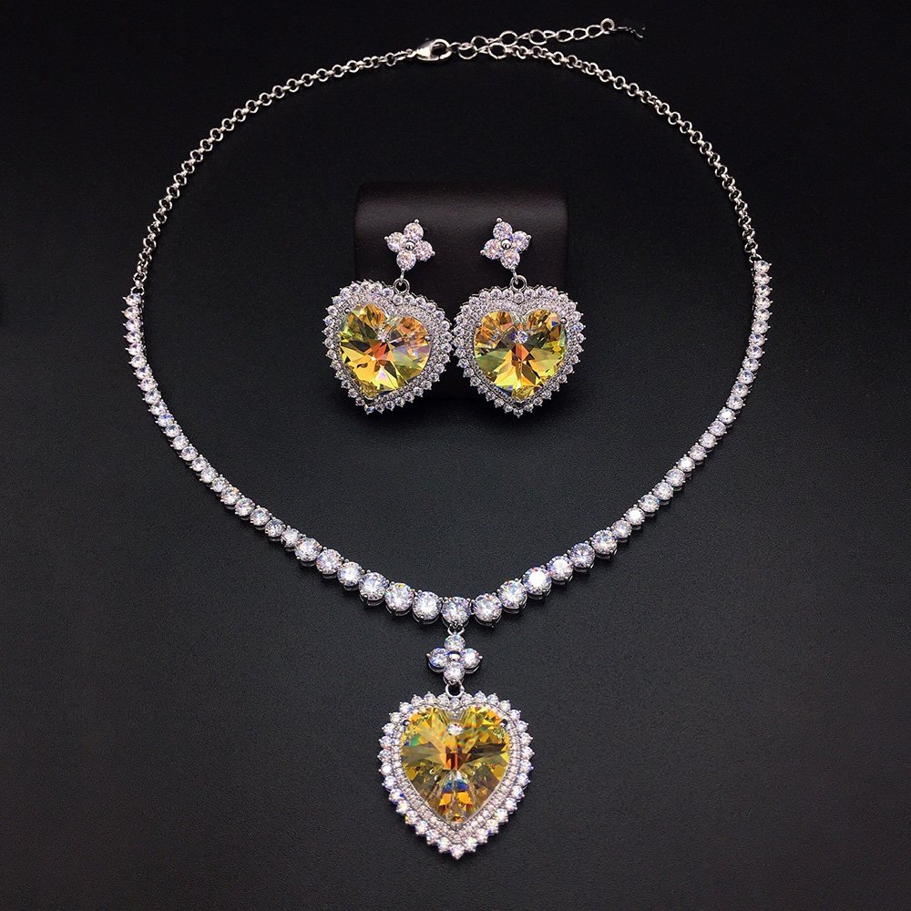G300199-G100513E09Y.667.A Silver tennis necklace and drop earrings set with heart cut Swarovski Element crystals and pave halo wholesale