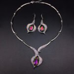 Silver tulip motif statement necklace and drop earrings jewelry set with teardrop Swarovski Element crystals wholesale