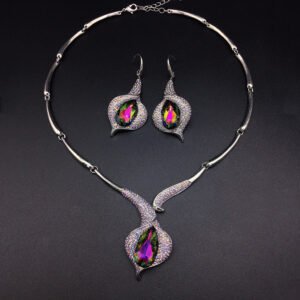 Silver tulip motif statement necklace and drop earrings jewelry set with teardrop Swarovski Element crystals wholesale