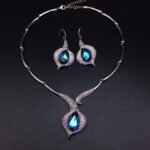 Silver tulip motif statement necklace and drop earrings jewelry set with teardrop Swarovski Element crystals wholesale