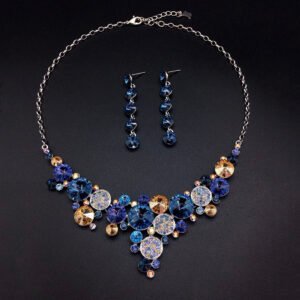 Silver statement necklace and drop earrings set with mixed round Swarovski Element crystals and pavé discs wholesale