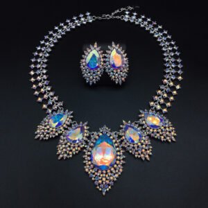 Silver statement necklace and drop earrings set with iridescent pear-cut Swarovski Element crystals and dense rhinestone pavé wholesale