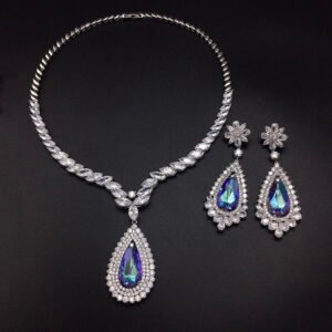 Silver statement necklace and drop earrings set with marquise and teardrop Swarovski Element crystals wholesale