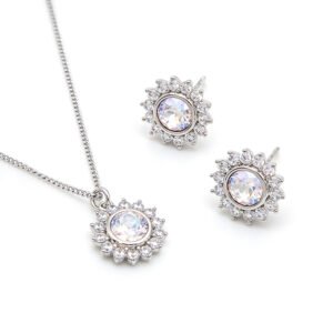 Wholesale crystal jewelry set with pink Swarovski crystal pendant and earrings on platinum plated brass from JuneJewelry.com.