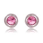 Silver round Swarovski Element stud earrings with double interlocking micro-pave halo frame wholesale
