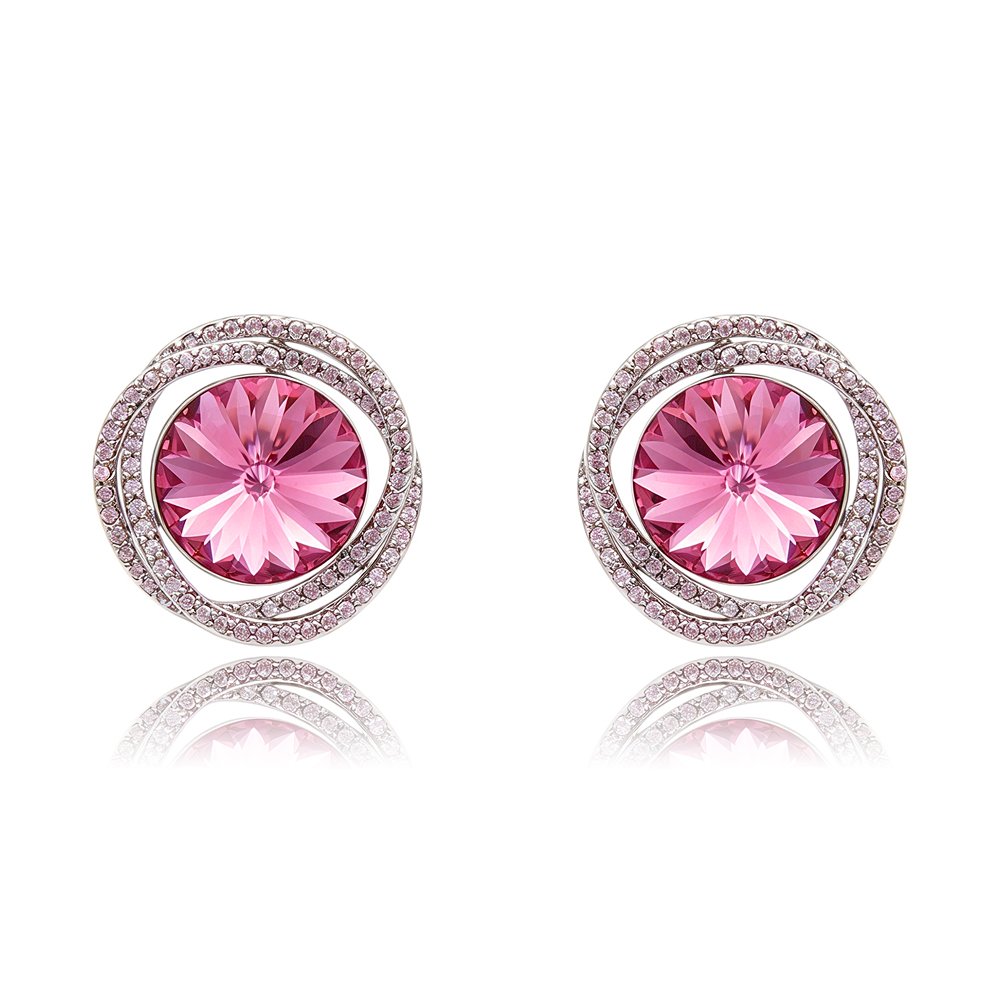 Silver round Swarovski Element stud earrings with double interlocking micro-pave halo frame wholesale