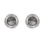 Silver round Swarovski Element stud earrings with double interlocking micro-pave halo frame wholesale