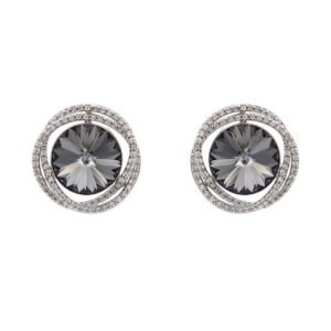 Silver round Swarovski Element stud earrings with double interlocking micro-pave halo frame wholesale