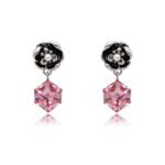 Silver drop earrings with black enamel flower top and cube-cut Swarovski Element crystal wholesale