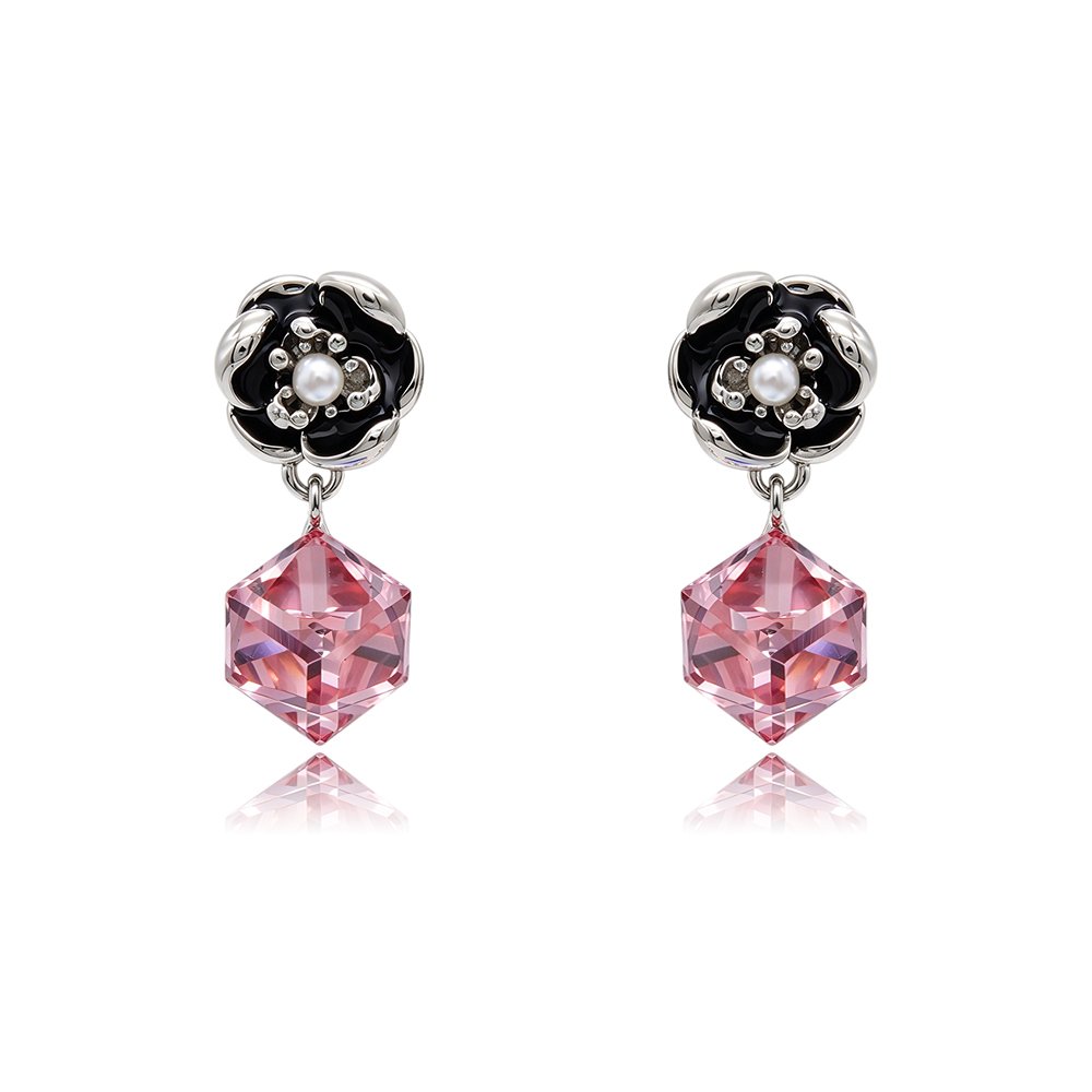 Silver drop earrings with black enamel flower top and cube-cut Swarovski Element crystal wholesale