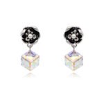 Silver drop earrings with black enamel flower top and cube-cut Swarovski Element crystal wholesale
