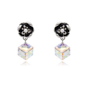 Silver drop earrings with black enamel flower top and cube-cut Swarovski Element crystal wholesale