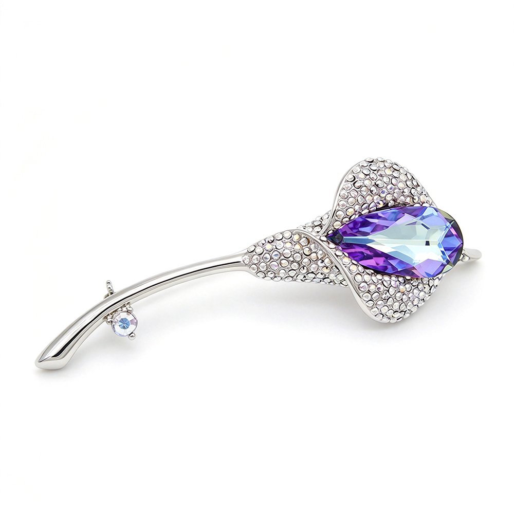 Silver calla lily flower brooch pin with micro-pavé frame and teardrop Swarovski Element crystal wholesale