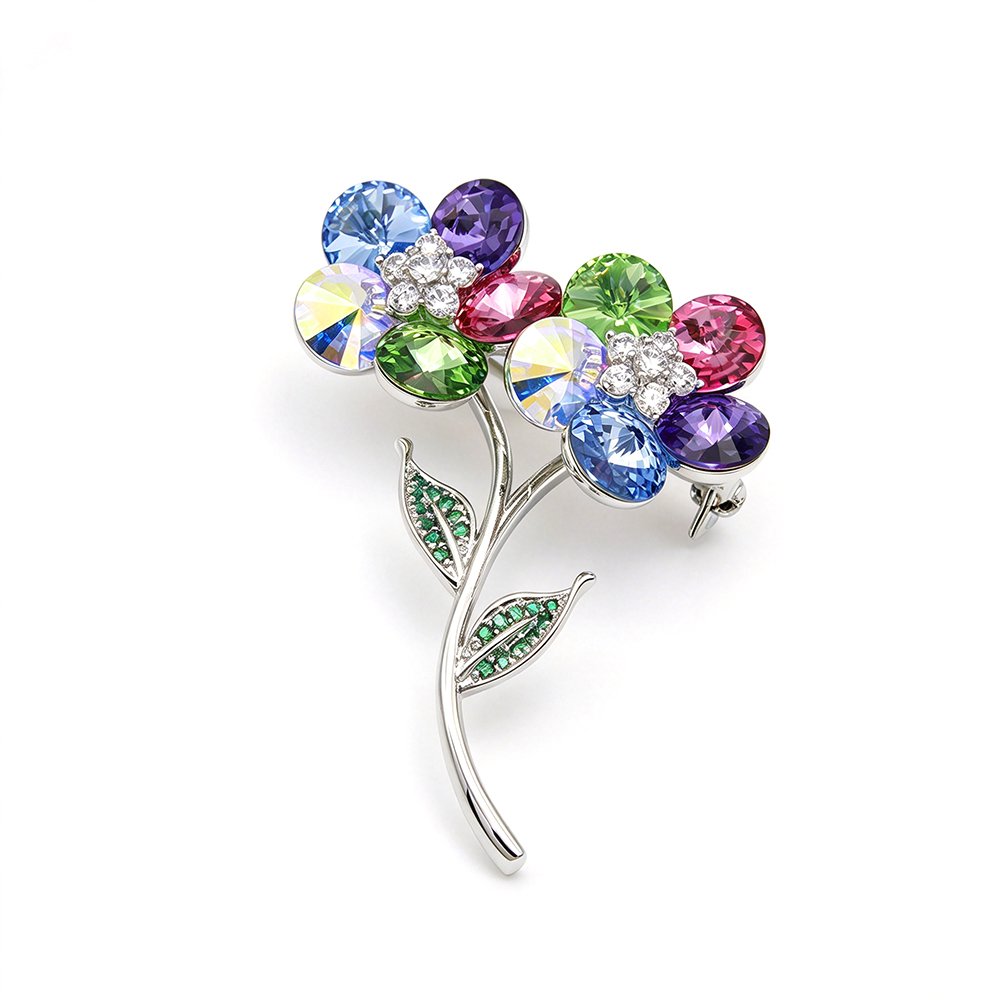 Silver double flower brooch pin with multicolored Swarovski Element crystal petals and pave green leaf details wholesale