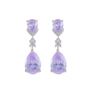 Teardrop crystal drop earrings wholesale featuring champagne yellow and lavender purple pear-cut cubic zirconia gems with micro-pave accents on 18k gold and palladium plated brass.