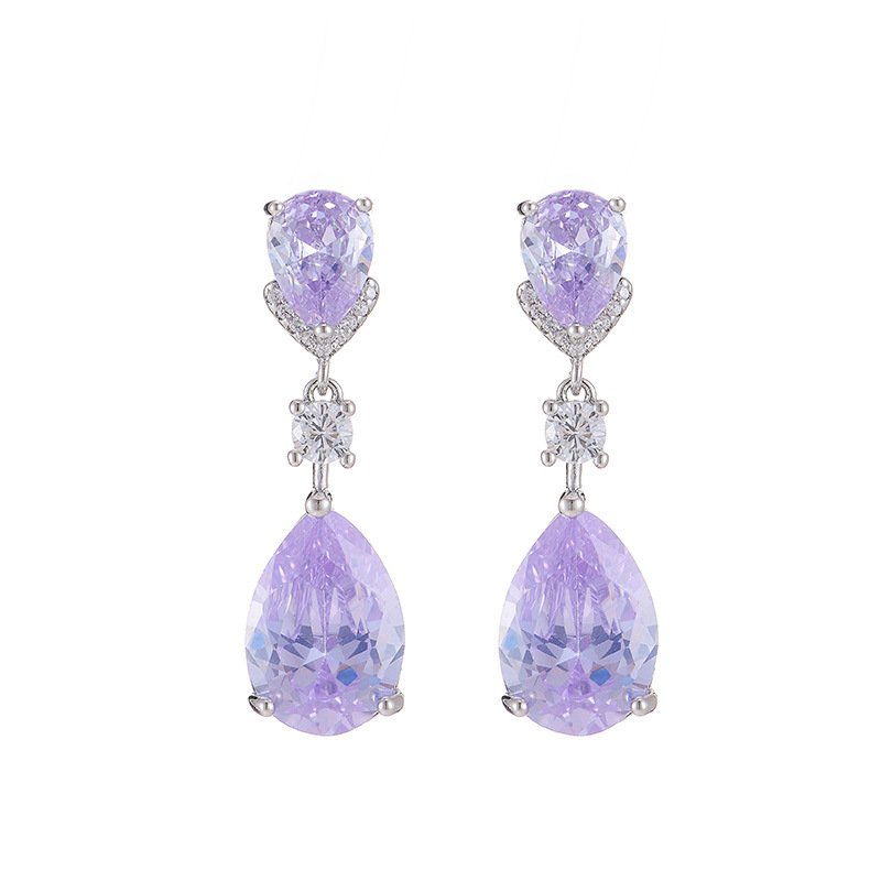 Teardrop crystal drop earrings wholesale featuring champagne yellow and lavender purple pear-cut cubic zirconia gems with micro-pave accents on 18k gold and palladium plated brass.
