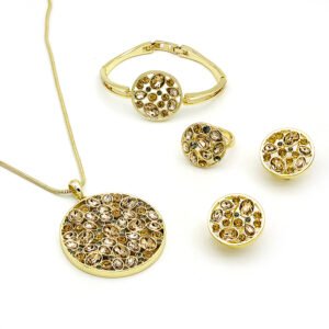 Wholesale red mosaic jewelry set in 18K gold plated copper featuring circular medallion necklace, stud earrings, bangle, and ring with red crystals from JuneJewelry.com.