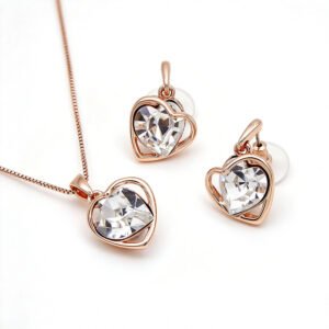 Wholesale clover crystal jewelry set featuring iridescent shell petals, sparkling clear premium crystals, collar necklace, stud earrings, link bracelet, and ring on 18K gold-plated alloy base from JuneJewelry.com.