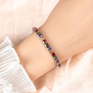 Multicolor princess cut cubic zirconia tennis bracelet in silver-tone setting