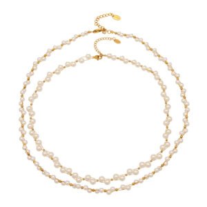 18K gold plated 316L stainless steel shell pearl beaded station chain layered necklace wholesale